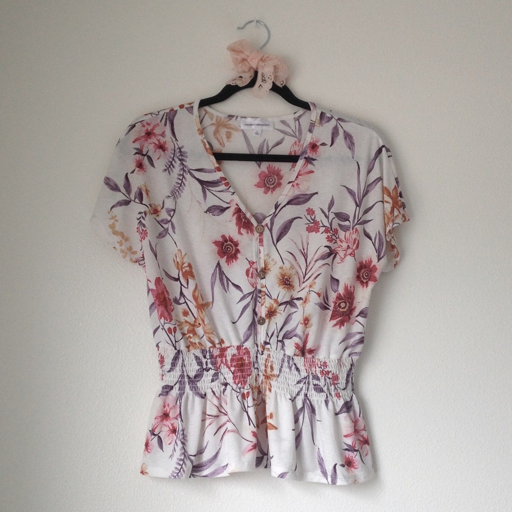 modern attraction White Floral Print V-neck Top w/ Smock Waistband
